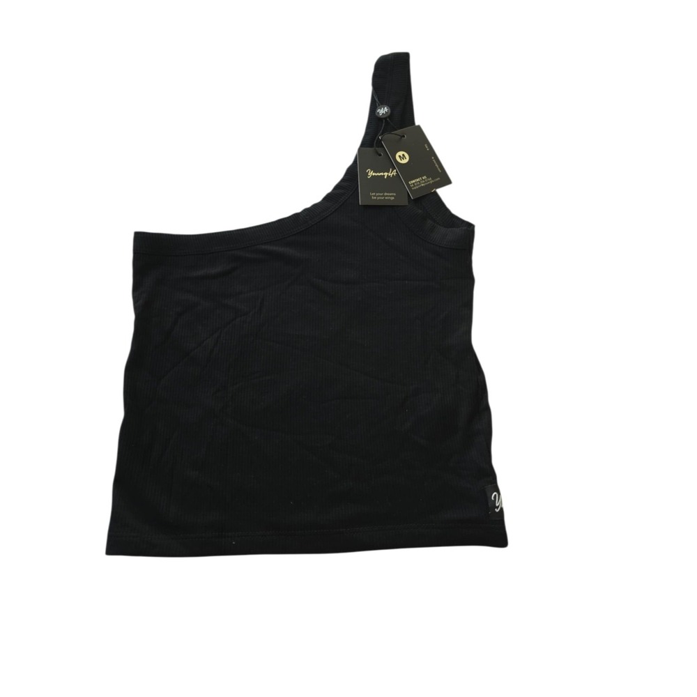 YoungLA One Shoulder Top Womens Medium Black Ribbed Casual Stretch Pullover